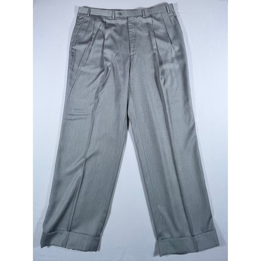 Lauren Ralph Lauren Men's 44x32 Gray Herringbone Pleated Cuffed Dress Pants - Picture 2 of 9